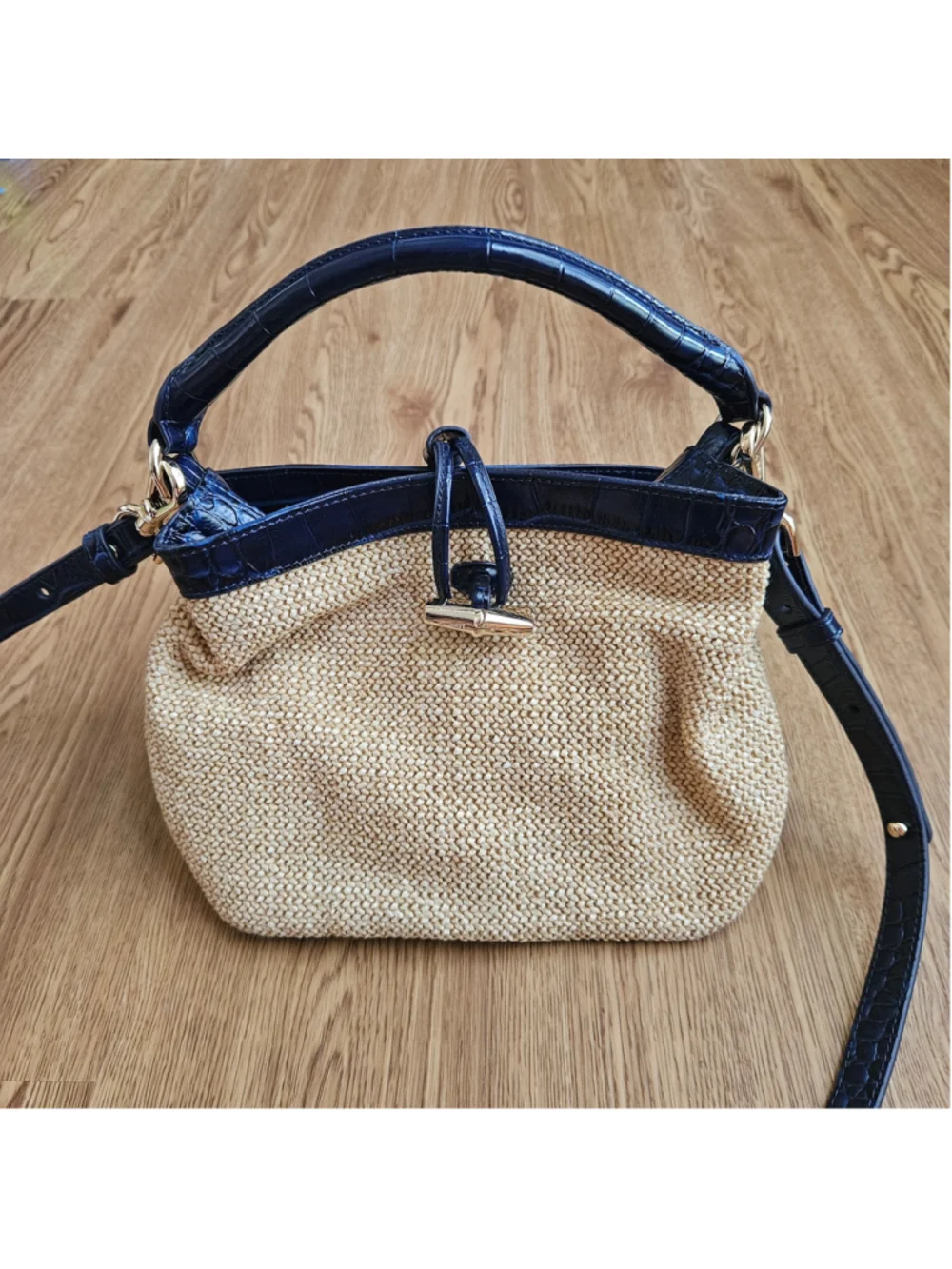 Brahmin Mini Amelia Navy Windswept Raffia Woven Beige Crossbody Hand Bag